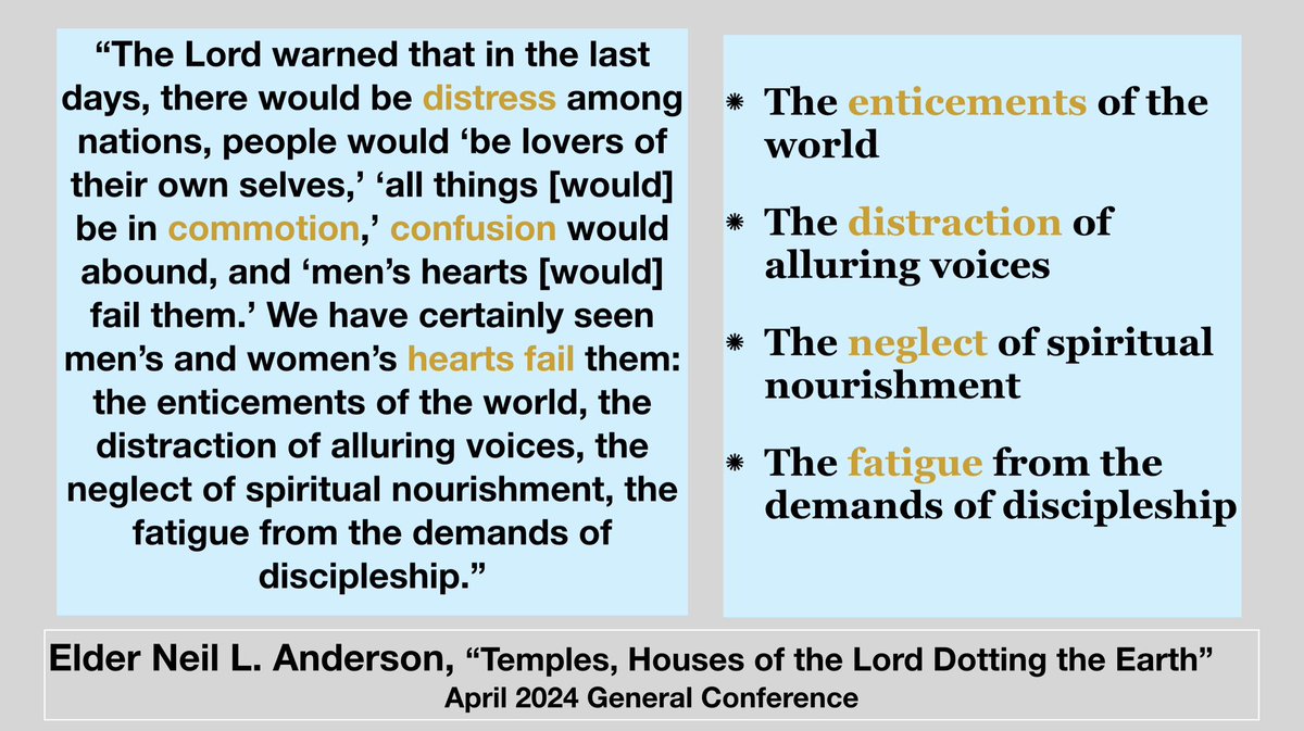 So many nuggets to be mined from the April 2024 General Conference. Over the last two weeks I have been focused on two talks for my upcoming Elders Quorum Lesson on Temples—one of those by Elder Neil L. Anderson. While the overall focus of his talk was Temples, I was really