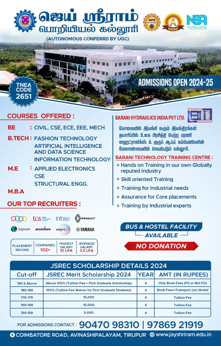 JSREC09's tweet image. Register today for undergraduate and postgraduate programs at Jai Shriram Engineering College to unlock unparalleled placement opportunities perfectly aligned with your chosen field of study.

#jaishriramengineeringcollege #JSREC #college #annauniversity #engineering #student