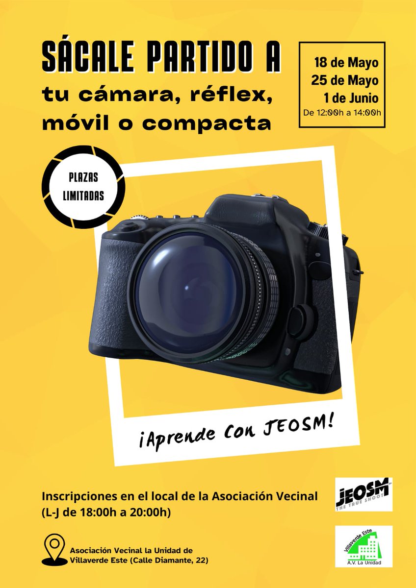 Sácale partido a tu cámara con @JeosmPhoto! 📸 En mayo: días 18 y 25 En junio: día 1 ⌚️ De 12h a 14h 📍 Inscripciones en la Asociación: de lunes a jueves de 18h a 20h