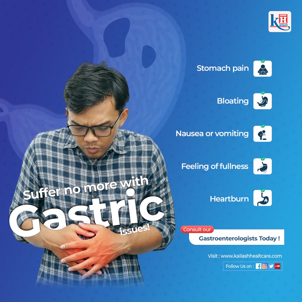 Recurrent Acidity & Gastric problem? Suffer no more! Consult our Gastroenterologists: kailashhealthcare.com #sehatonfriday #gastroproblem