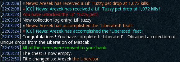 ArezekRS's tweet photo. After 5 years of being Lil Tuzzy off log, it finally happened! I was off loot and claimed at Beastmaster after the fight! Freaked out for a solid 40 minutes 😆 Glad to have log done but will forever be at raids 🖤 #RuneScape #Mazcab #LilTuzzy #Liberator https://t.co/IzEbzm2nQv