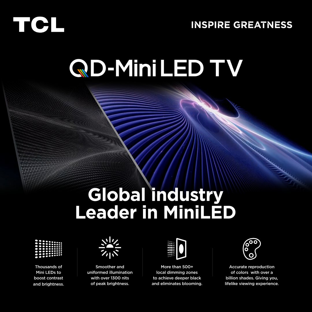 TCL_SouthAfrica's tweet image. Step into a world of vivid colours and breathtaking clarity with your TCL QD Mini LED TV! Elevate your viewing experience with deeper blacks, brighter whites, and lifelike hues. Every scene offers precision and detail like never before. 🌟 

#TCL #MiniLED #ImmersiveViewing