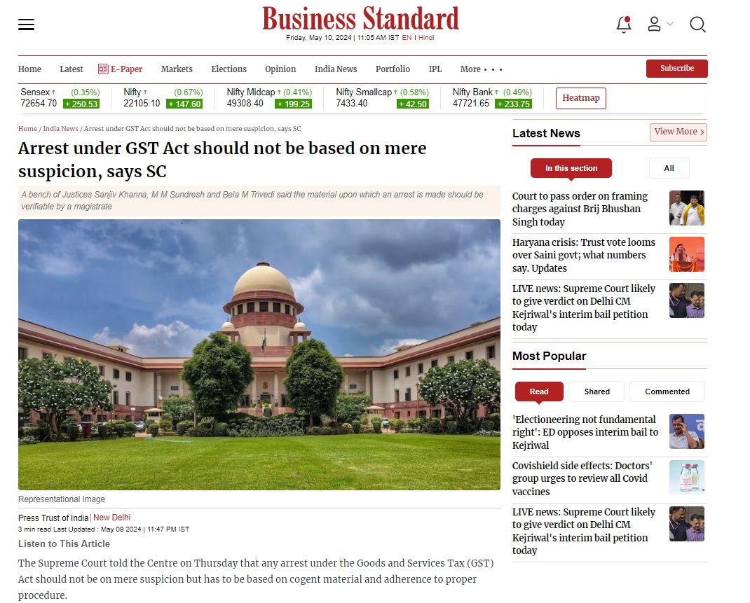 Arrest under GST Act should not be based on mere suspicion, says SC

#GSTAct #SupremeCourt #TaxLaw #LegalNews