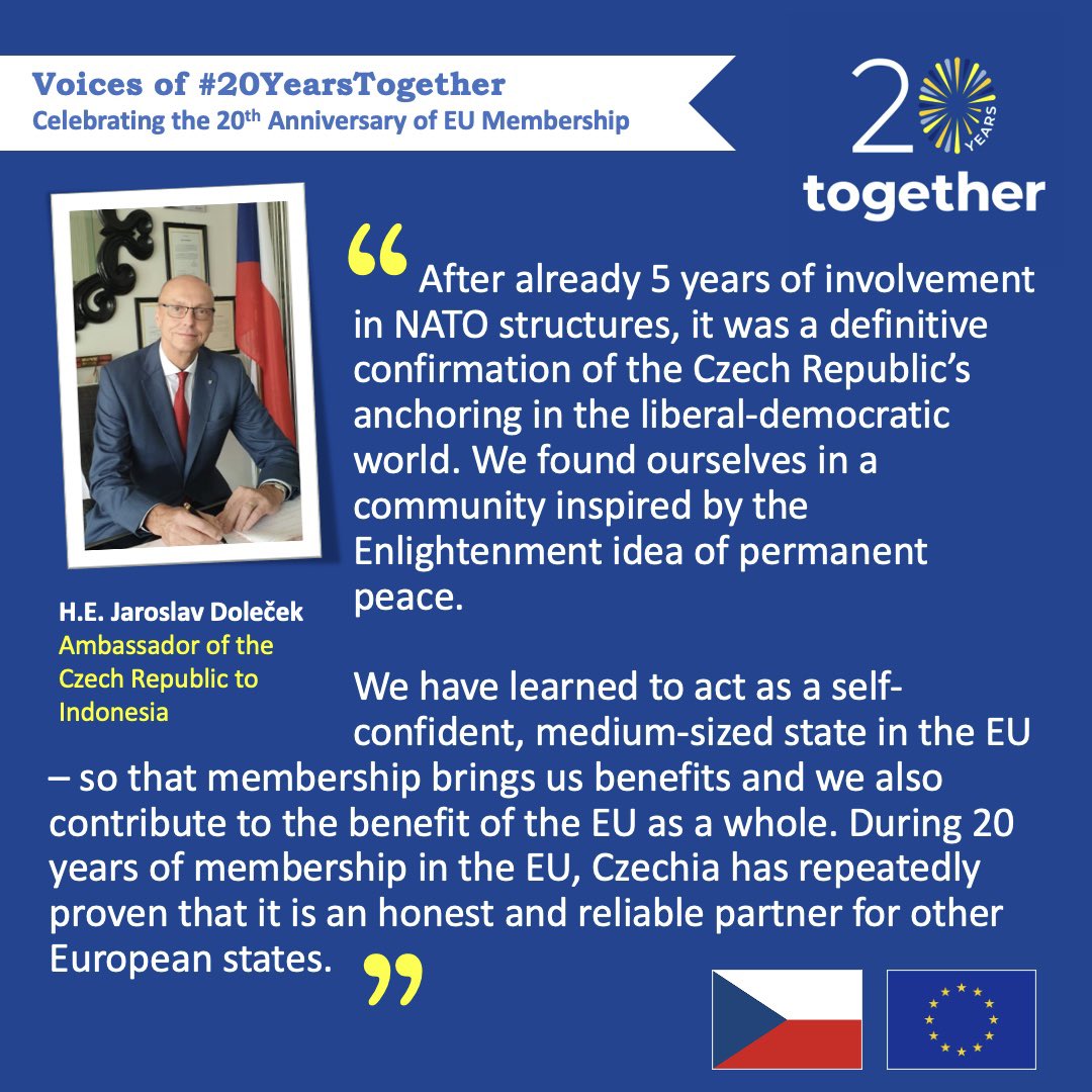 For decades the Iron Curtain kept us apart. The slogan of the Velvet Revolution was ‘back to Europe'. And this is exactly what the Czech Republic did 20 years ago when it retook its place in the European family. 🇪🇺🤝🇨🇿

#20YearsTogether