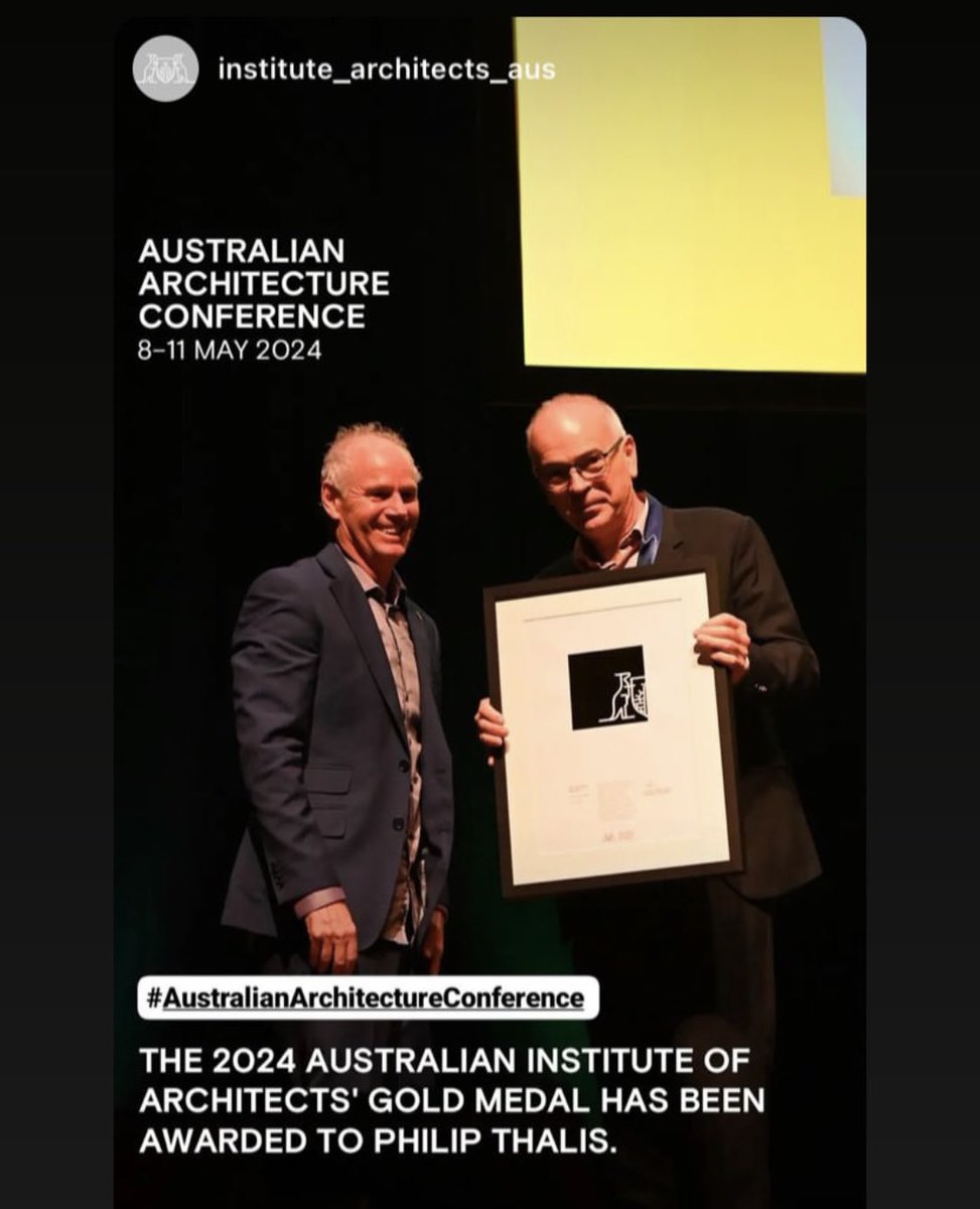 @HillThalisAUP @AusINSArchitect Deeply honoured to be awarded @AusINSArchitect Gold Medal 2024. Engages with my ongoing ambitions to make high quality architecture, better urban places, well educated students, sharper public advocacy, growing knowledge & interest in qualities of the architecture of cities