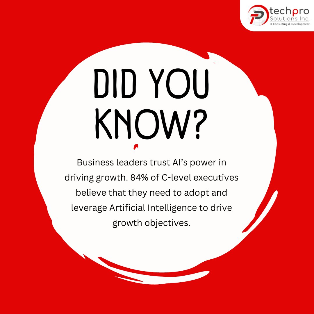Did you know?
Business leaders trust AI’s power in driving growth. 84% of C-level executives believe that they need to adopt and leverage Artificial Intelligence to drive growth objectives.

#Didyouknow #StaffingExperts #StaffingSolutions #HiringNow #GetHired #Techprosolutions