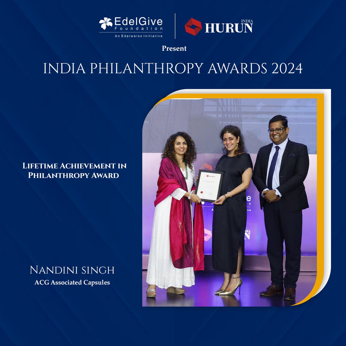 Nandini J. Singh on behalf of JasJit Singh, ACG Cares Foundation receiving the Lifetime Achievement inPhilanthropy Award. #IndiaPhilanthropyAwards2024 #PhilanthropyIndia #GivingBackIndia #CelebrateGiving #IndiaGives #IPALive #HonoringHeroes #SocialImpactIndia