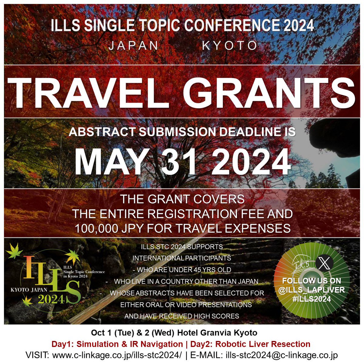 👩🏻‍⚕️🧑🏽‍⚕️If you’re under 45 y.o. &amp; a passionate HPB surgeon who wants to visit Japan🇯🇵 

🤗Why not submit your abstract to #ILLS2024 that will be held in Kyoto, Japan, next October?!

🌟A BIG CHANCE FOR TRAVEL GRANTS

🖋️SUBMISSION DEADLINE: MAY 31

🌍Visit: c-linkage.co.jp/ills-stc2024/