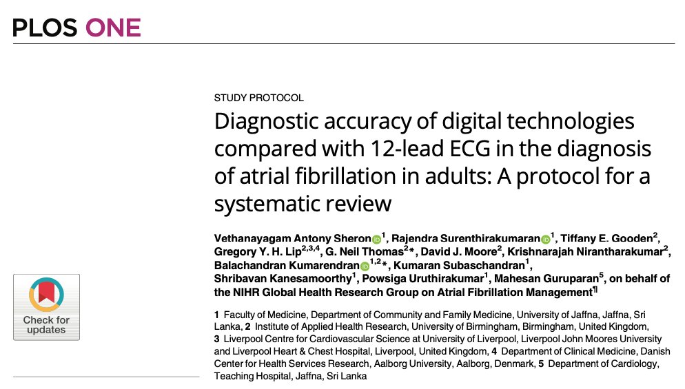 #PLOSONE: Diagnostic accuracy of digital technologies compared with 12-lead ECG in the diagnosis of atrial fibrillation in adults: A protocol for a systematic review #Afib @LHCHFT @LJMU_Health @LivHPartners @affirmo_eu @ARISTOTELES_HE @TARGET_horizon dx.plos.org/10.1371/journa…