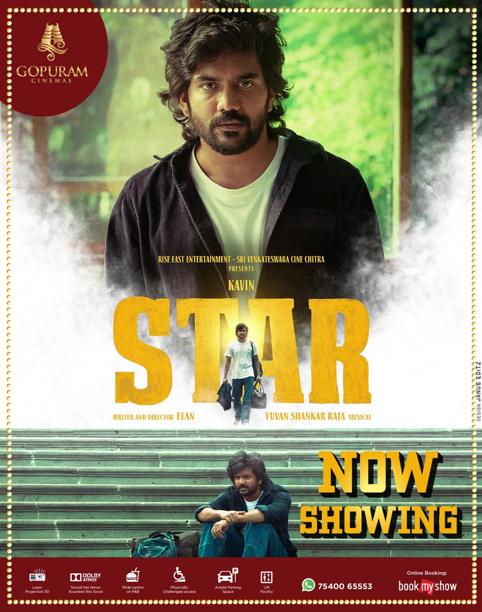 Enjoy the Journey of a Man to a #Star🌟 Now Showing at our @Gopuram_Cinemas!

Book Now - t.ly/JMVKu
Experience it with Laser Projection and Dolby ATMOS🔊

@Kavin_m_0431 @elann_t @thisisysr @Aaditiofficial @PreityMukundan 
#GopuramCinemas #Kavin #Elan #Yuvan