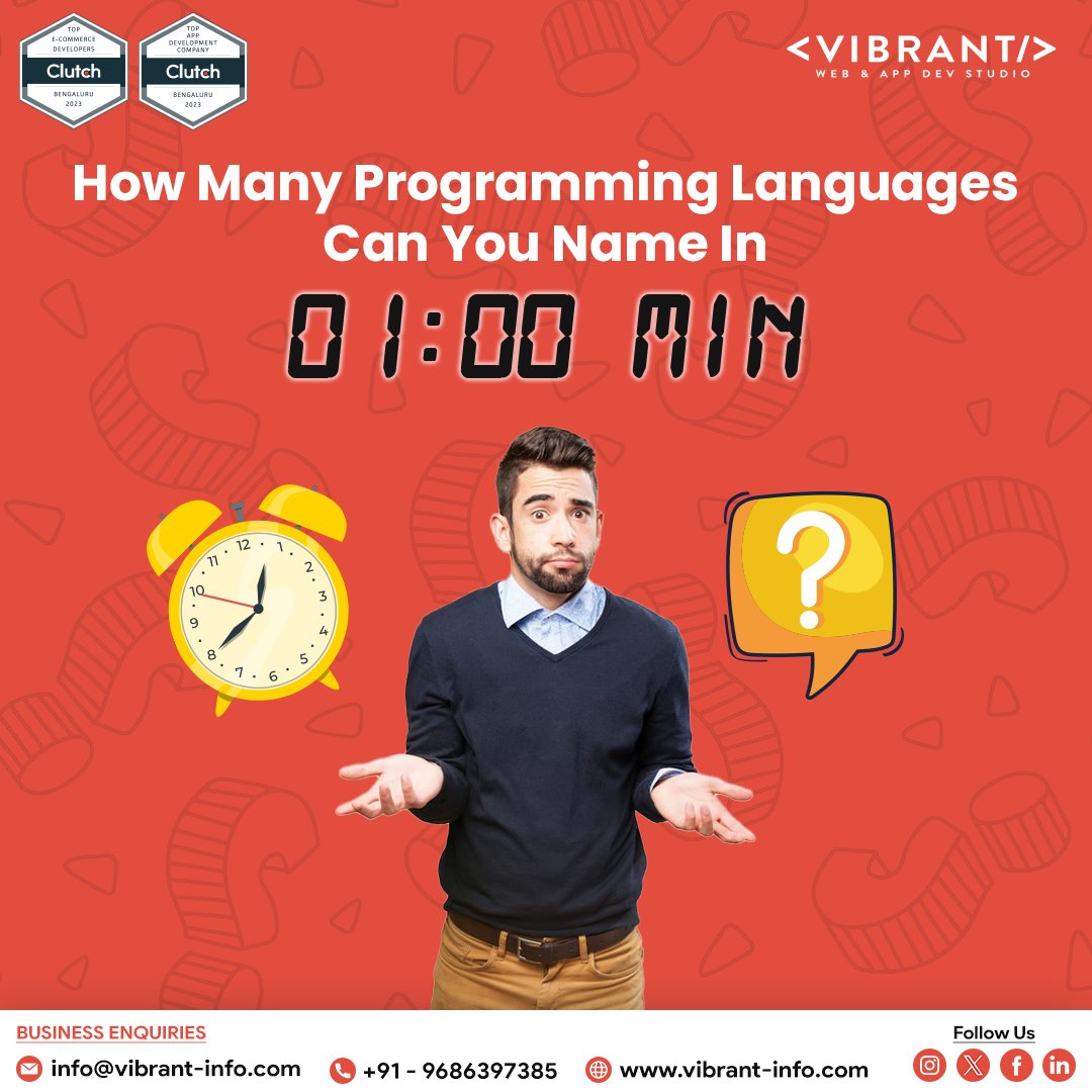 Challenge Time!

How many programming languages can you name in just 1 minute? ⏳ Drop your answers in the comments below! 

#ProgrammingChallenge #CodingQuiz #TechTrivia #WebDevQuiz #Friday #VibrantInfo