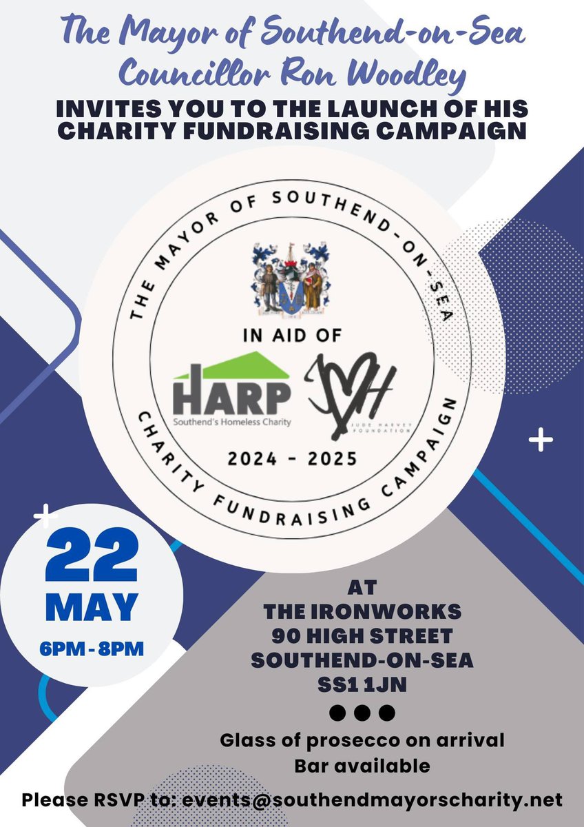 The newly elected Mayor of @SouthendCityC, Cllr Ron Woodley invites you to the launch of his charity fundraising campaign in aid of @harpsouthend and The Jude Harvey Foundation at @IronWorksSOS👇