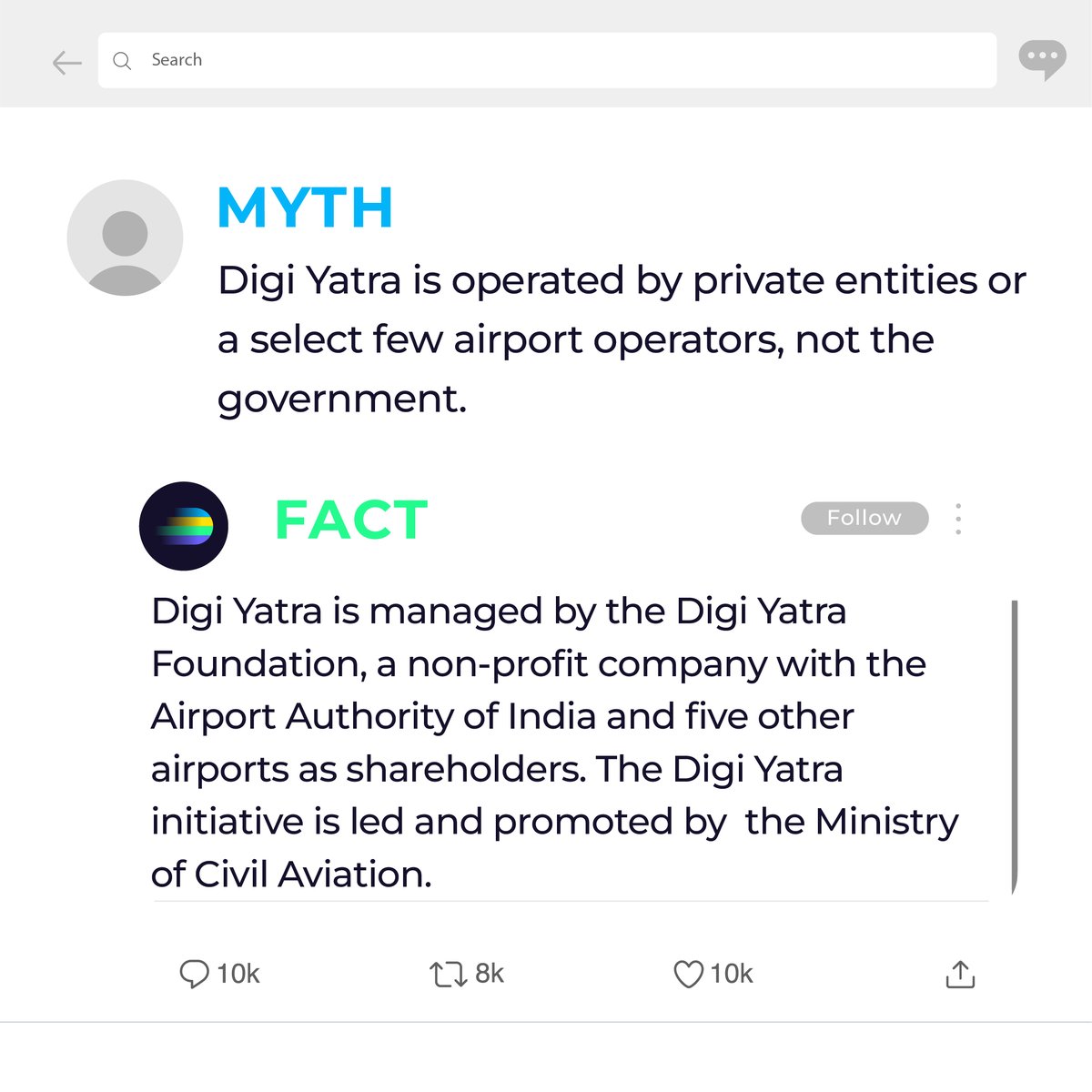 Separating myths from facts! 💡

Digi Yatra is managed by the non-profit company - Digi Yatra Foundation and is promoted by the Ministry of Civil Aviation.

Stay informed, stay secure!

Download the Digi Yatra App now!
Available on IOS and Android.
#DigiYatra #MythsVsFacts…