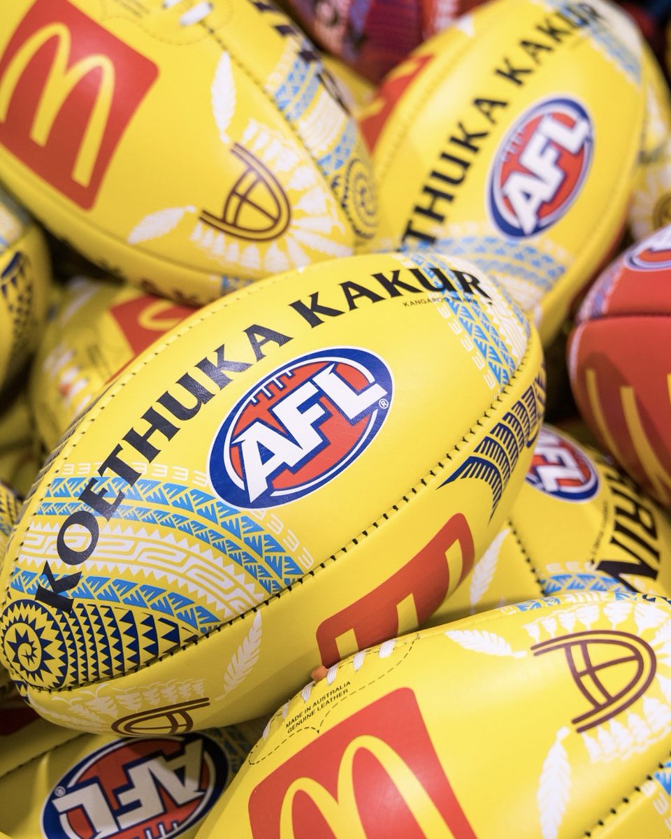 Roos @VFL defender and proud Torres Strait Island artist Ben Davis has designed the newest range of Sherrin footballs, which are set to be used for Sir Doug Nicholls Round across the @afl! 🎨 📸: Andrew Papanikolaou #Kangas