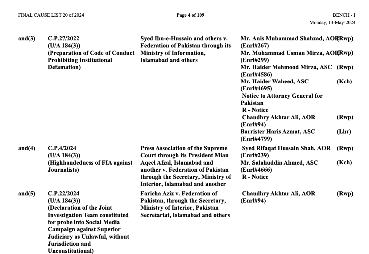 FariehaAziz's tweet photo. My petition before the SC challenging the constitution of the JIT &amp; issuance of notices by the FIA in connection to "campaign against superior judiciary" has been numbered (C.P. 22/2024) &amp; clubbed for hearing with the other cases &amp; has been fixed for hearing on Mon, May 13, 2024 https://t.co/q5KsVvVsfw
