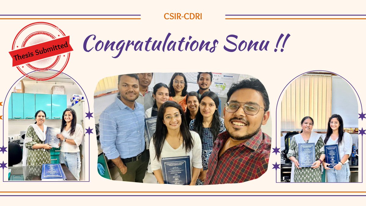 🎉 Congratulations to Sonu Khanka @KhankaSonu2418 on submitting her thesis @CSIR_CDRI! 📚👏 Wishing you all the best as you move forward on your academic journey! Big kudos @Divya213 , her guide. #ThesisSubmitted #AcademicSuccess @AcSIR_India  #AcademicTwitter @ritu_trivedi