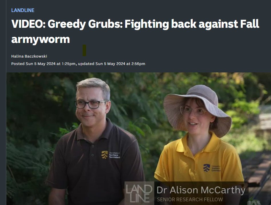 Dr Alison McCarthy @caeusq was featured on @abclandline @ABCRural this week discussing her work with Fall armyworm 🌱🐛🪱🧐🌿 #unisqresearch #fallarmyworm #research Check it out here:👀👇 iview.abc.net.au/video/RF2314Q0…