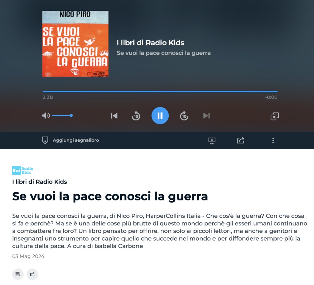 Nico Piro (@_nico_piro_) on Twitter photo “Se vuoi la Pace, conosci la Guerra” è su <a href="/RaiRadioKids/">Radio Kids</a>
Per riascoltare 👇
nicopiro.it/2024/05/03/se-… “Se vuoi la Pace, conosci la Guerra” è su <a href="/RaiRadioKids/">Radio Kids</a>
Per riascoltare 👇
nicopiro.it/2024/05/03/se-…