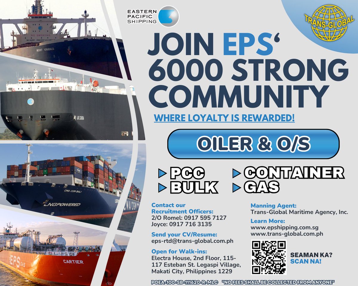 📢 EASTERN PACIFIC SHIPPING continues their search for competent seafarers to operate their new vessels!

Send your CV/Resume:
eps-rtd@trans-global.com.ph

POEA-100-SB-111620-R-MLC 'NO FEES SHALL BE COLLECTED FROM ANYONE' #hiring #careeratsea #maritimejobs #transglobalmaritime