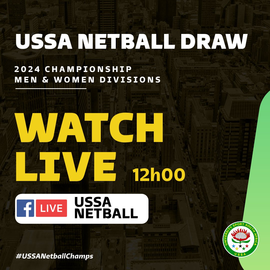 2024 #USSANetballChamps live draw. Tune in on the USSA Netball Facebook Page at 12h00. #UniSport