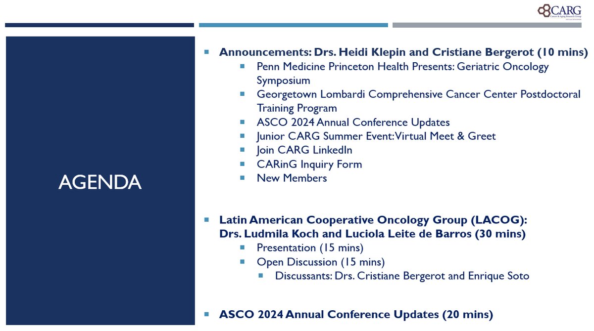 🔉💻 Join us at the upcoming bi-weekly @myCARG meeting! 5/14 at 11am PT/2pm ET Co-leads: Drs. @HKlepinMD and @crisbergerot *Agenda* -Announcements -@LACOG_group with Drs. @Ludmilakoch2 and Luciola Leite de Barros with discussant @EnriqueSoto8 -#ASCO2024 Annual Conference Updates