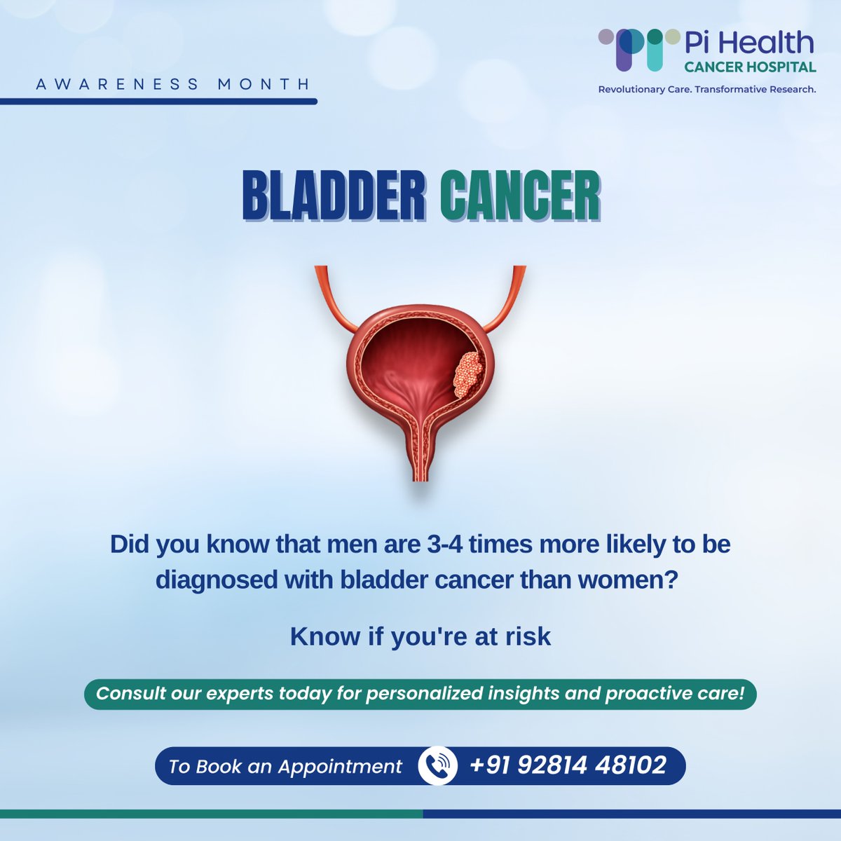 #Bladdercancer is a malignancy that begins in the cells of the bladder, where urine is stored. Risk factors include smoking, chemical exposure, and chronic bladder inflammation. 
To Know more
Go to pihealthcancerhospital.com
#pihealthcancerhospital #pihealth #hyderabad #india