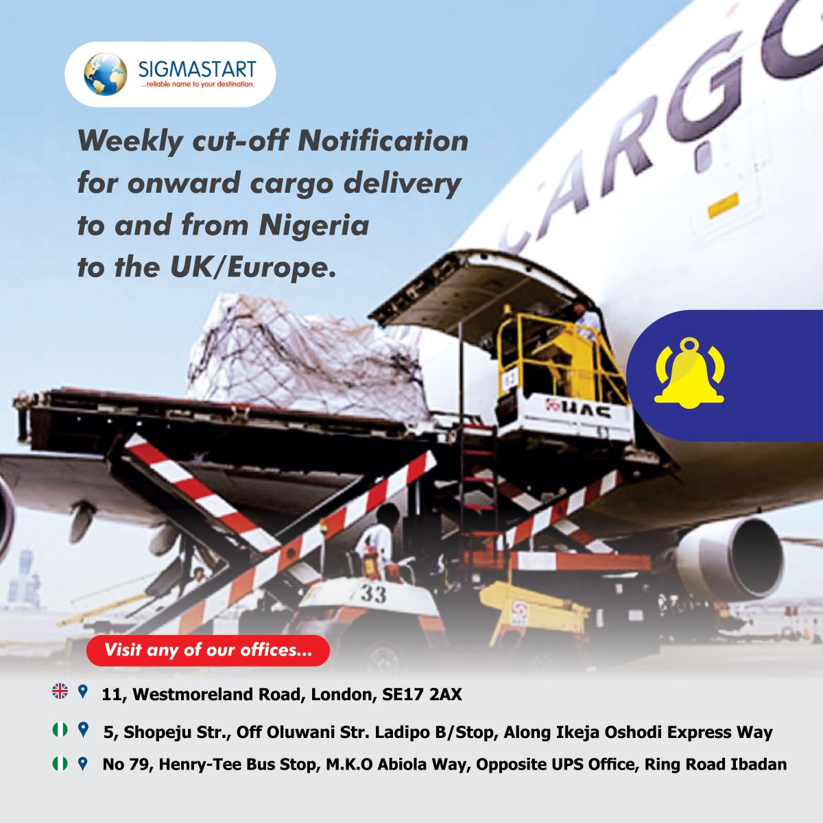 Weekly Cut-off Reminder for cargo delivery to and from Nigeria to the UK/Europe.

#doorstepdelivery #corporateclient #nigeriansindiaspora #london #cargotonaija #uk2naija #uk #southlondon #nigeriansindiaspora #china #france #germany #india #sea #shipping #shippingcontainer #air