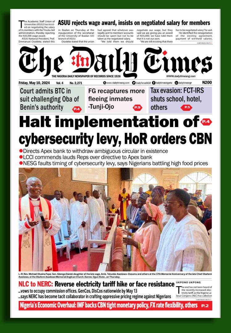 #DailyTimesNGR #CoverStories #Nigerianewspapers #HeadlineNews #NewsUpdate #newsfeed #viralreels #matterarising #Eurovision2024 #stockmarketcrash
