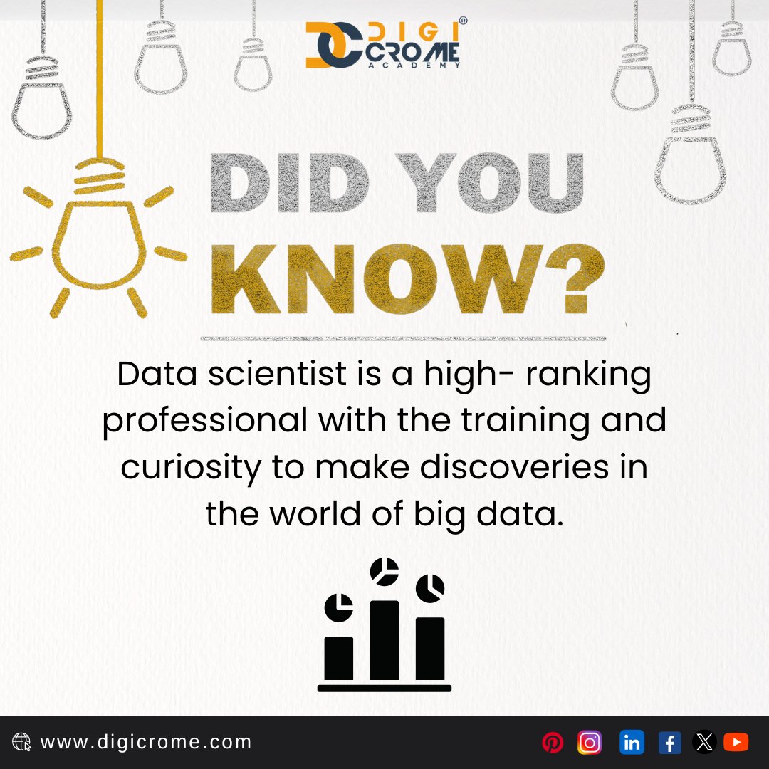 𝐃𝐢𝐝 𝐲𝐨𝐮 𝐤𝐧𝐨𝐰?
📷 Data scientists are top-tier professionals armed with the training and curiosity to unearth discoveries in the realm of big data. 📷

#DataScience  #DataDriven  #ArtificialIntelligence  #AI  #FutureOfWork  #OpenData  #DeepLearning  #dataviz  #digicrome