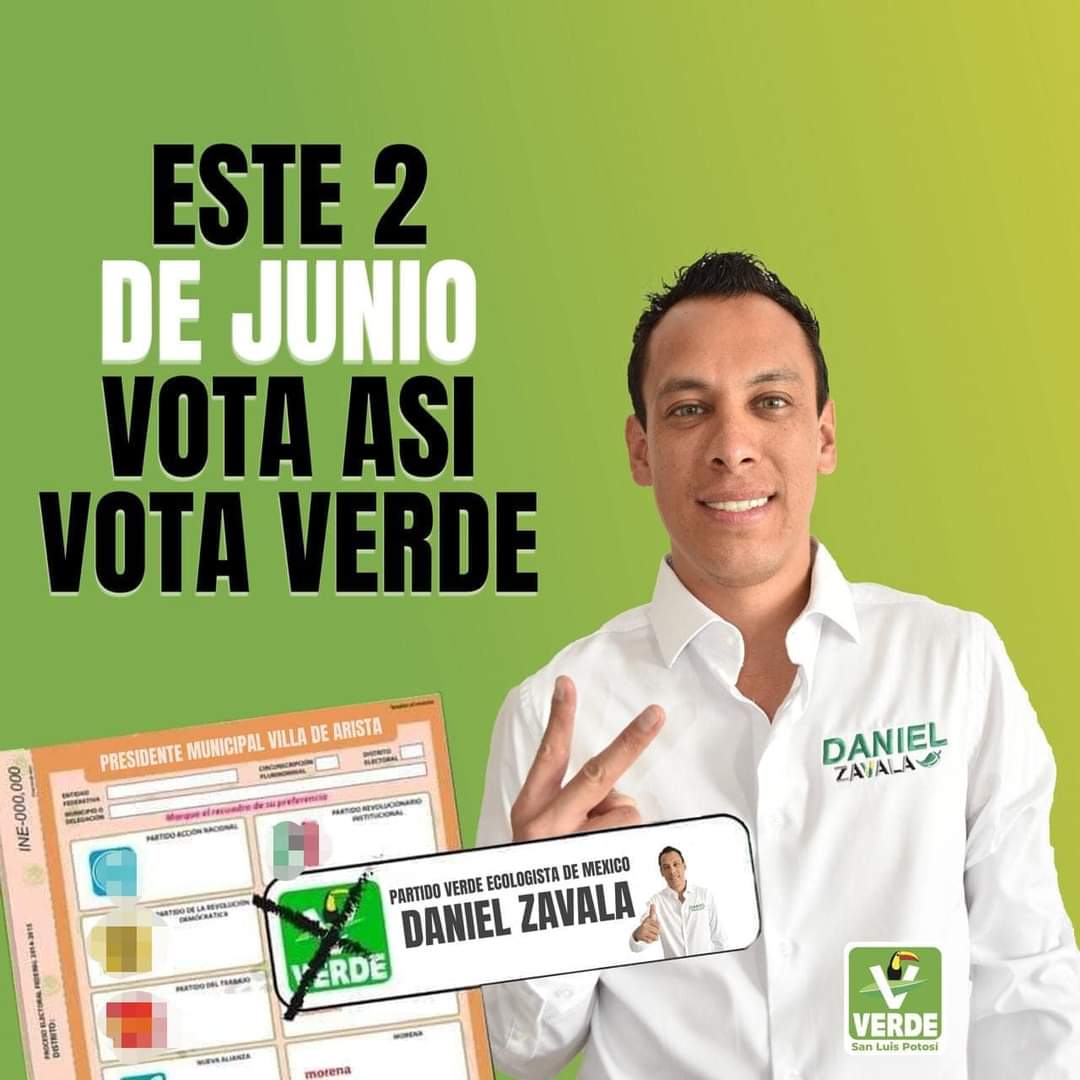 Este 2 de junio Vota #TodoVerde 💚 #VilladeArista es #Verde ✅️
Somos el partido del cambio!! Somos el Partido Verde Ecologista De México SLP