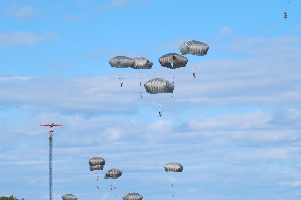 🎶 It's raining men, hallelujah! Exercise #SwiftResponse participants parachute from a @usairforce C-17 Globemaster aircraft during a Joint Forcible Entry (JFE) operation at Hagshult Wartime Air Base, Sweden. #DefenderEurope #StrongerTogether #WeAreNATO #AgileForces #LSGE24