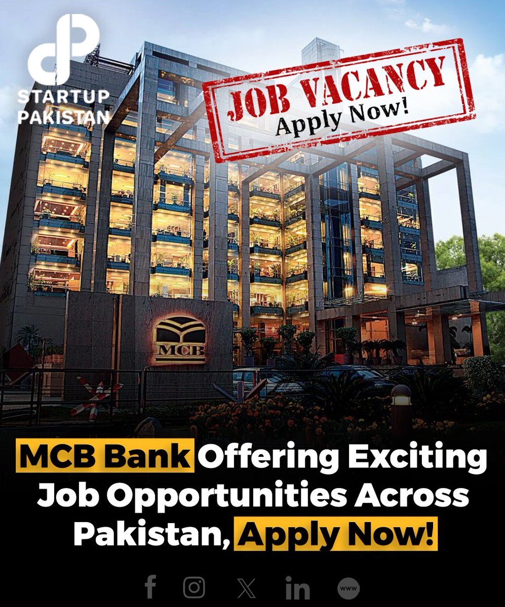 Apply Now: startuppakistan.com.pk/mcb-bank-offer…

#MCBbank #Jobs #Opportunities #Jobvacancies #Pakistan