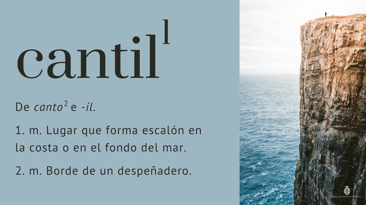 #PalabraDelDía | cantil¹ ¿Habían reparado alguna vez en la relación entre «acantilado» y «cantil»? En efecto, «acantilado» es en su origen el participio del verbo «acantilar» (ow.ly/NHU250RqUh3), que a su vez se forma sobre «cantil».