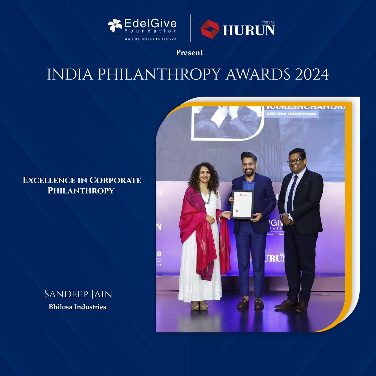 Sandeep Jain on Behalf of Rameshchandra Jain, Bhilosa Foundation receiving the Excellence in Corporate Philanthropy. #IndiaPhilanthropyAwards2024 #PhilanthropyIndia #GivingBackIndia #CelebrateGiving #IndiaGives #IPALive #HonoringHeroes #SocialImpactIndia