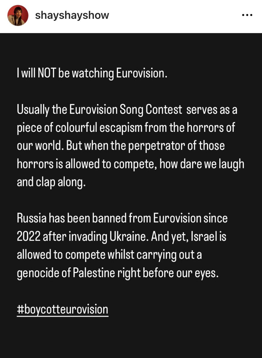 Hadde tenkt å si noe om hvorfor man bør boikotte eurovision, men noen andre sa det mye bedre enn jeg ville gjort, så jeg bare legger det her.

#BoicotEurovision2024