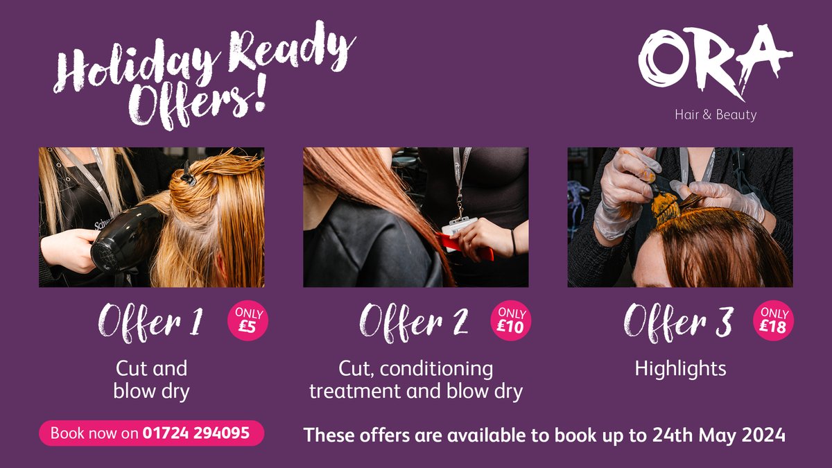 Get holiday ready with these fantastic offers from our Hairdressing department! ☀️  

Book your appointment today on 01724 294095. ✂️