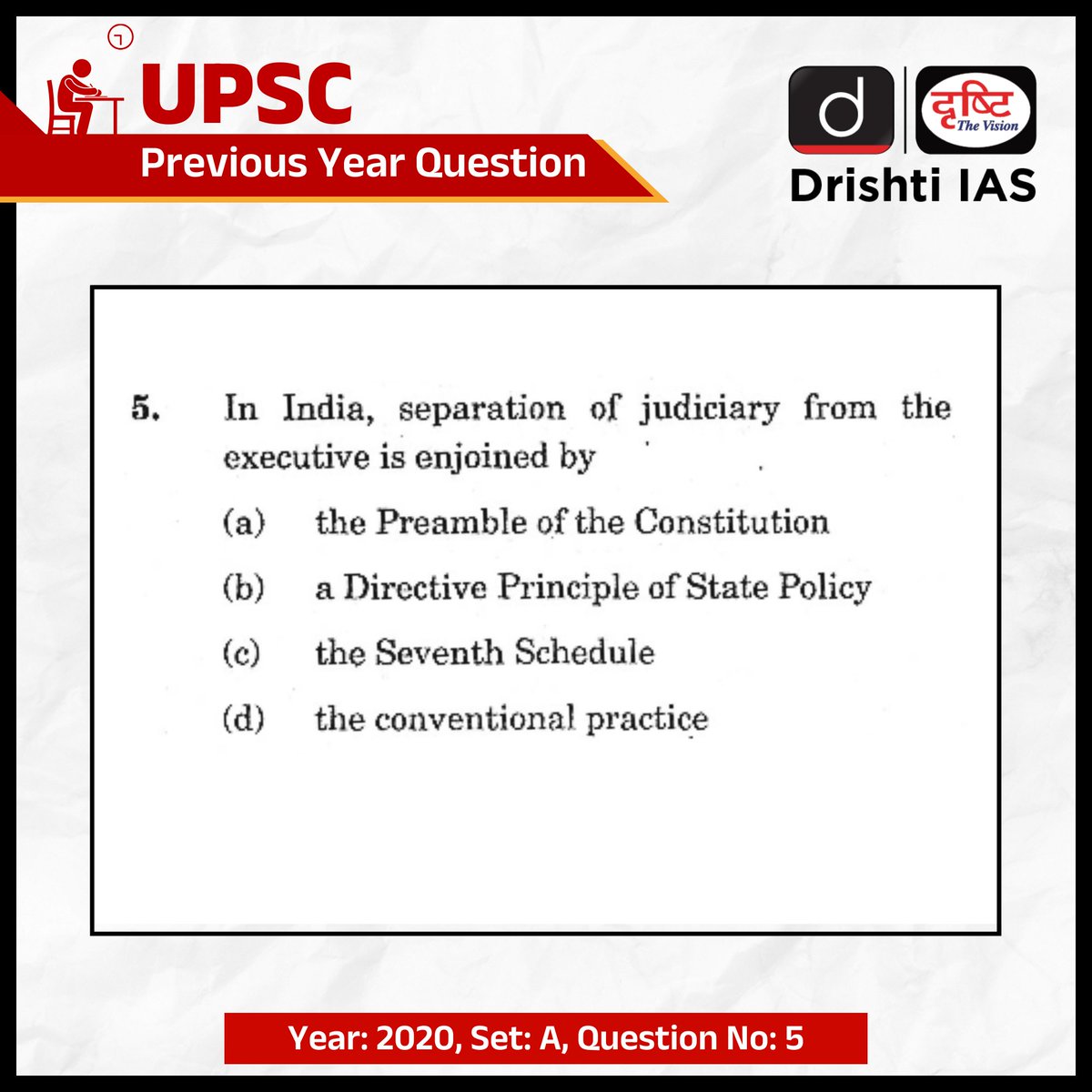 Here is a #Question for you from #CivilServices Preliminary Examination- 2020

We will pin the correct answer in the comment box the next day.

#PrelimsSuccessWithDrishtiIAS #PrelimsWithDrishtiIAS #Prelims2024 #PYQ #UPSC #UPSC2024 #IAS #CSE #Prelims #DrishtiIAS #DrishtiIASEnglish