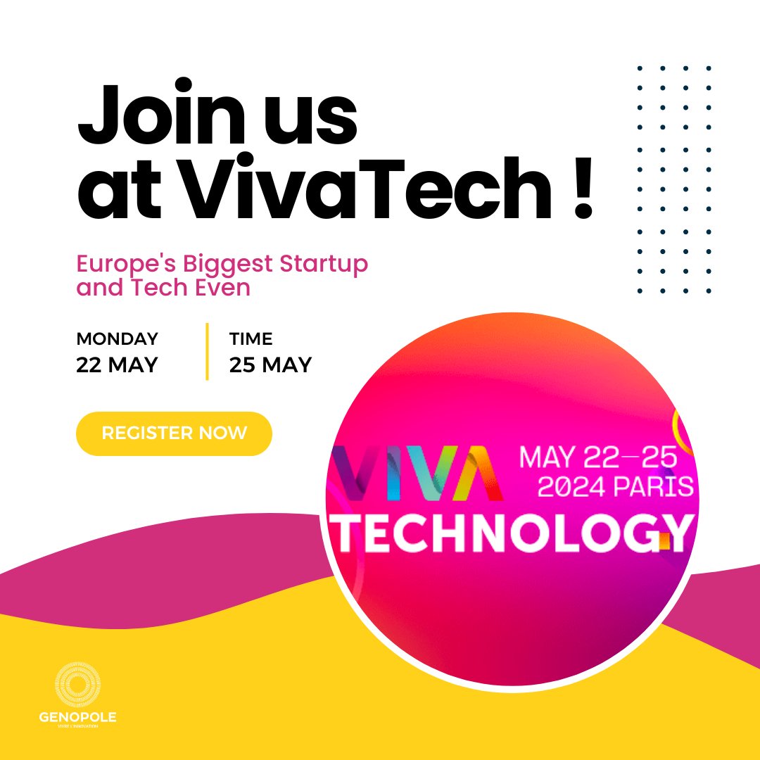 Genopole's tweet photo. #BiotechInParis 
🗓️ @VivaTech: Come and talk to us and find out how Genopole can help you develop your #innovations!
Don't miss the pitch session from 4pm to 4:30pm on 24 May with Olivier to discover the genopolitan startups: Alt #Biotech, Alga biologis and STH Biotech. 👋 https://t.co/WWpq6MPVUi