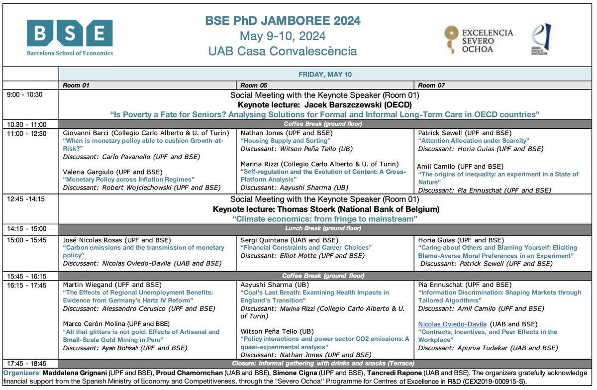 It's Day 2 of the BSE PhD Jamboree! This year's edition is the first to invite paper submissions by PhD students outside the Barcelona School of Economics research community.

Check out the full program: 
ow.ly/P69z50RzGiU

#bseJamboree #bseResearch #EconTwitter