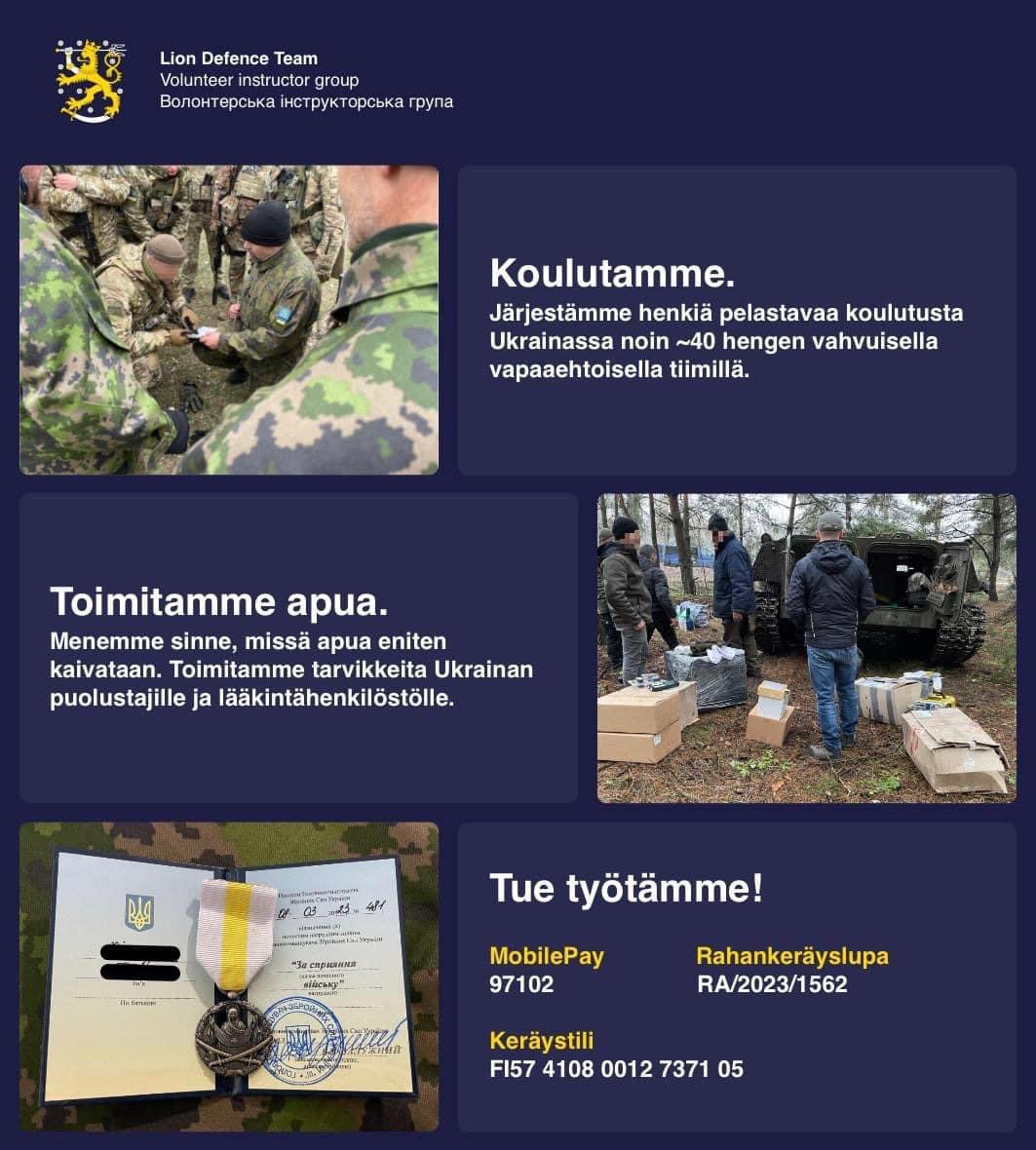 Tälläkin hetkellä koulutustiimi työskentelee Ukrainassa. Koulutukset ovat ilmaisia koulutettaville. Teidän tukenne mahdollistaa koulutusten jatkumisen.
Meillä ei ole palkka-, päiväraha tai hallintokuluja.

MobilePay: 97102

IBAN:
FI57 4108 0012 7371 05

Lupa: RA/2023/1562