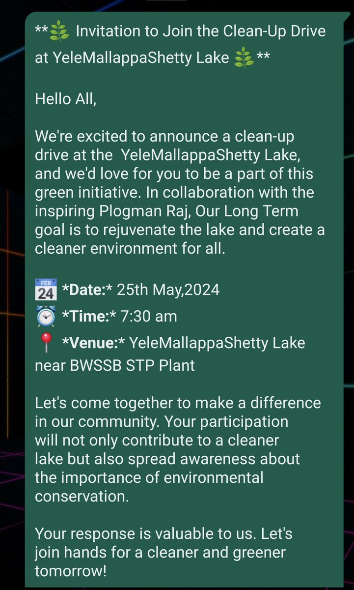 🌿 Invitation to Join the Clean-Up Drive at YeleMallappaShetty Lake 🌿 In collab with @IndianPlogman. 📆Date:25th May,2024 ⏰ Time: 7:30 am 📍Venue:YeleMallappaShetty Lake near BWSSB STP Plant. #SaveYeleMalappaShettyLake Please Join with US🙏