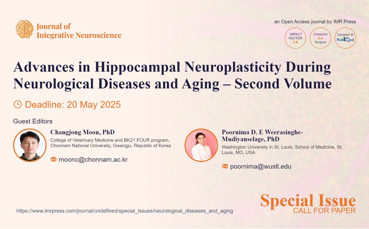 🌠NEW special issue online!🌠
Advances in Hippocampal Neuroplasticity During Neurological Diseases and Aging 
⏳ Deadline: 20 May 2025
#aging #hippocampu #neurodegeneration  #neuroplasticity #Neuroscience #callforpapers 

🖇 Visit the page: imrpress.com/journal/JIN/sp…