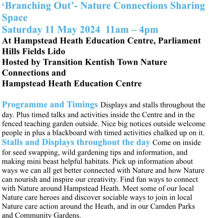 It’s gonna be Gorg weather tomorrow Camdeners so do join us at Hampstead Heath educational centre (by Lido) for a fab free nature festival. Here’s the fun activities on offer…