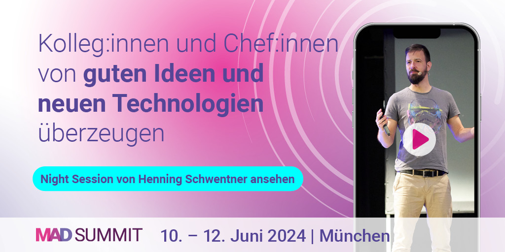 MAD Summit (@mad_summit) on Twitter photo Du scheiterst immer wieder daran, deine Führungskraft oder deine Kollegen von deinem Ideen zu überzeugen❓
💡 <a href="/hschwentner/">Henning Schwentner</a> hat die Lösung und hat Sie in seiner Night Session auf dem MAD Summit verraten!
Jetzt anschauen ▶️ ow.ly/zrM950Rp19u Du scheiterst immer wieder daran, deine Führungskraft oder deine Kollegen von deinem Ideen zu überzeugen❓
💡 <a href="/hschwentner/">Henning Schwentner</a> hat die Lösung und hat Sie in seiner Night Session auf dem MAD Summit verraten!
Jetzt anschauen ▶️ ow.ly/zrM950Rp19u