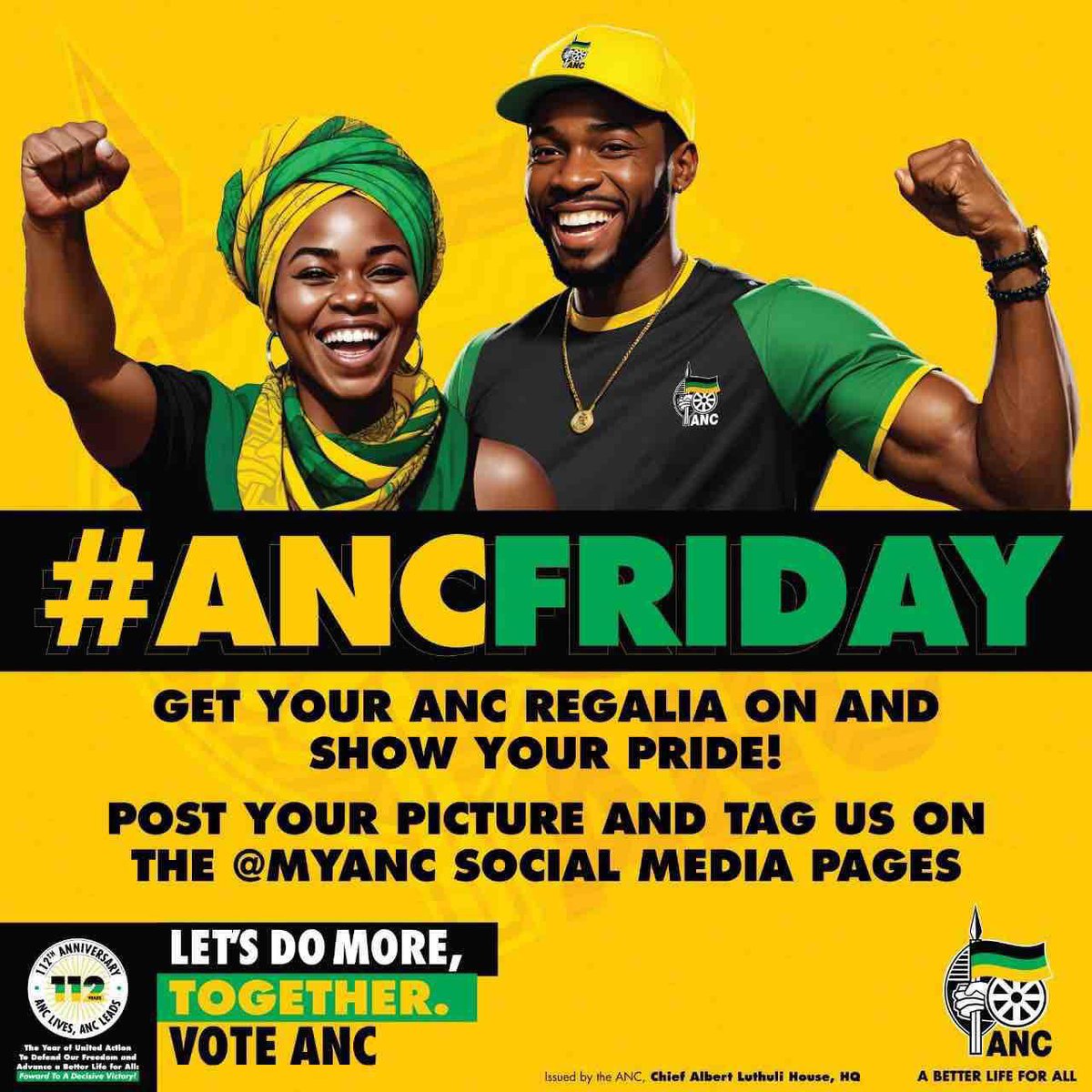 #ANCFriday ⚫️🟢🟡 Join us today in sharing your images in ANC Regalia. Get your doek on! Wear your ANC gear and tag us on the @MYANC @ANCFS social media pages. #ANCComeDuzeFriday #VoteANC2024 #LetsDoMoreTogether #Siyanqoba ⚫️🟢🟡❎