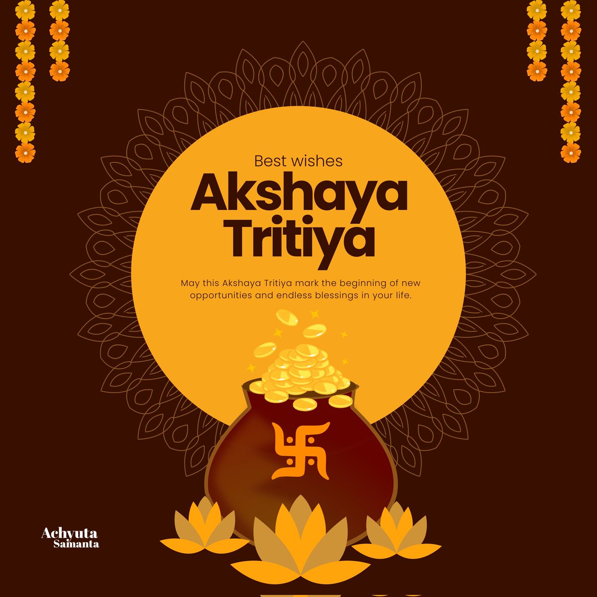 On this auspicious occasion of Akshaya Tritiya, may prosperity and blessings flow endlessly into your lives. Let us embrace this day with gratitude and positivity, nurturing our hopes and aspirations for a brighter tomorrow. Wishing everyone a blessed Akshaya Tritiya!