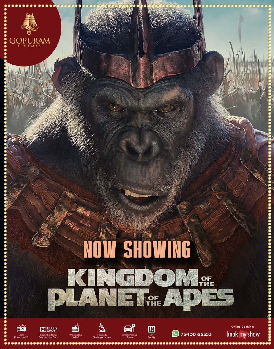 Experience an emotionally moving tale of evolution, conquest & domination🔥 #KingdomOfThePlanetOfTheApes Now Showing at our @Gopuram_Cinemas!

Book Now - t.ly/JMVKu
Experience it with Laser Projection and Dolby ATMOS🔊

#GopuramCinemas #PlanetOfTheApes