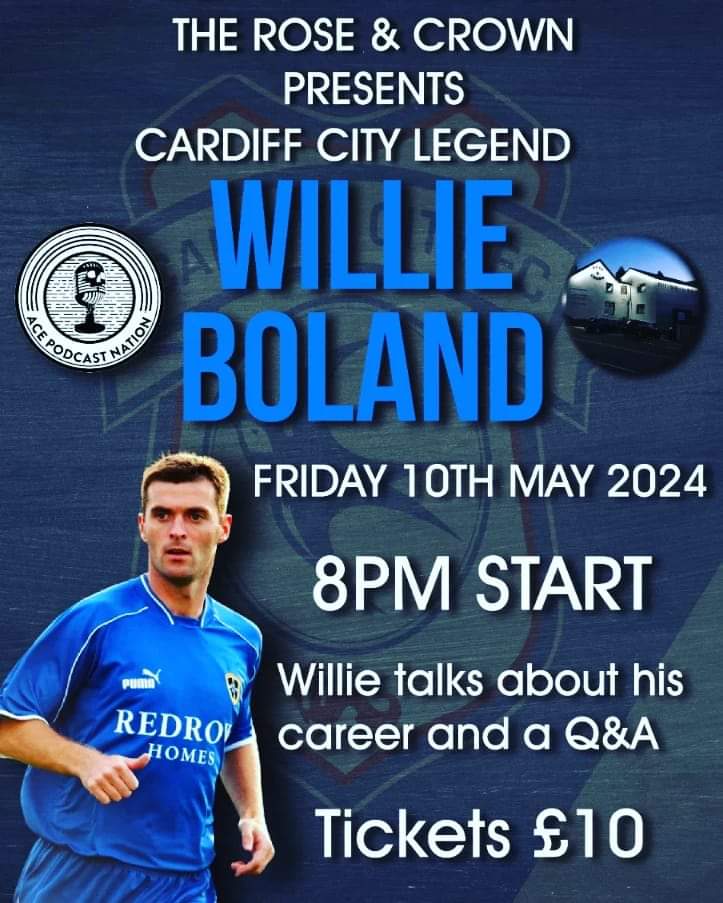 Today is day, @ACEcast_Nation Presents City Legends: Willie Boland Super excited to see @willie_boland hearing his stories plus he gets to feel the love from #CCFC fans Genuine cult hero who gave his heart,soul & body for the club we all love Join us 👊 #Cardiff #CardiffCity