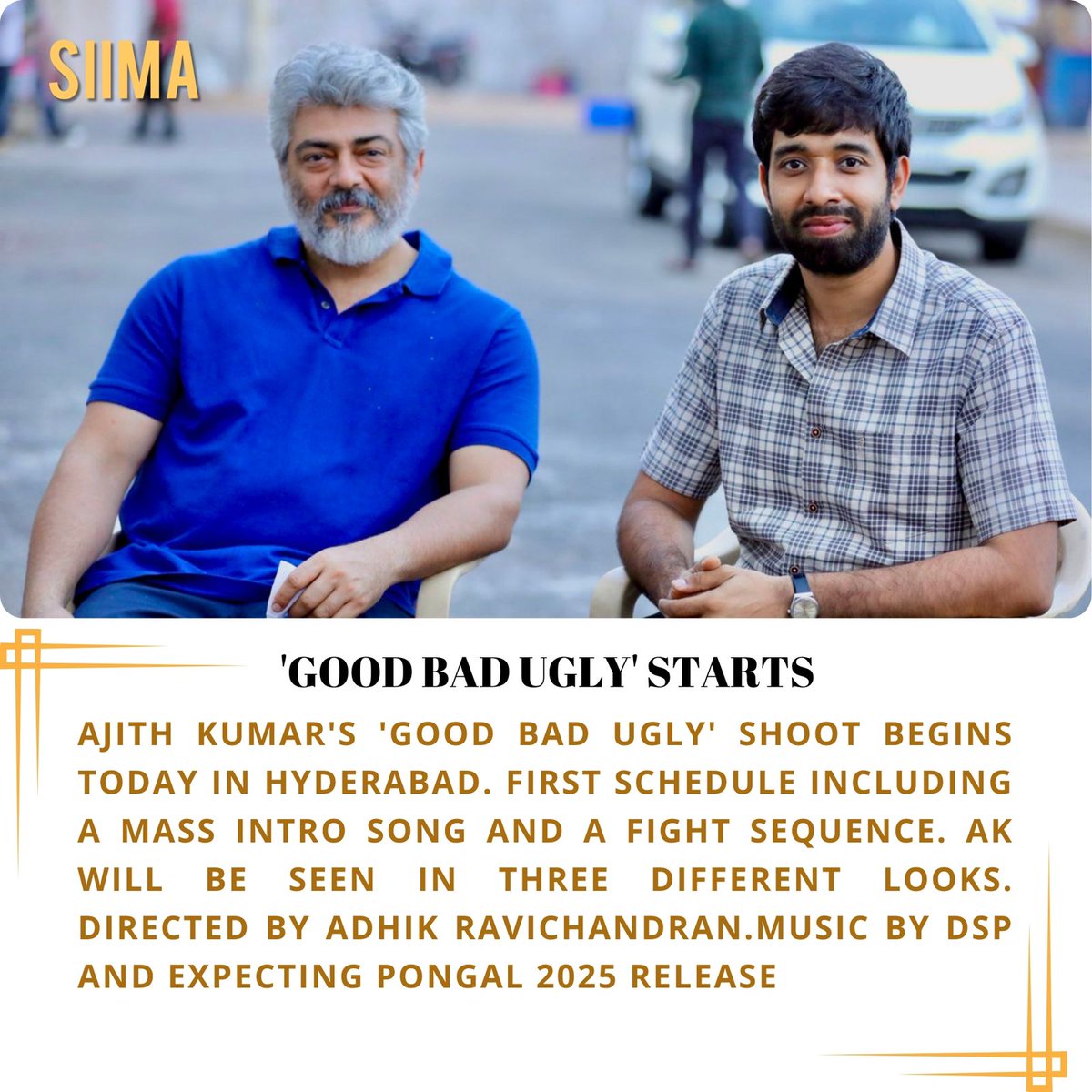🎬 Lights, camera, action! The journey of 'Good Bad Ugly' begins today in Hyderabad! Get ready for the ultimate cinematic experience with #AjithKumar in three different avatars. Directed by @Adhikravi, with music by DSP. Pongal 2025, here we come! #GoodBadUgly #Ajith #ThalaAjith…