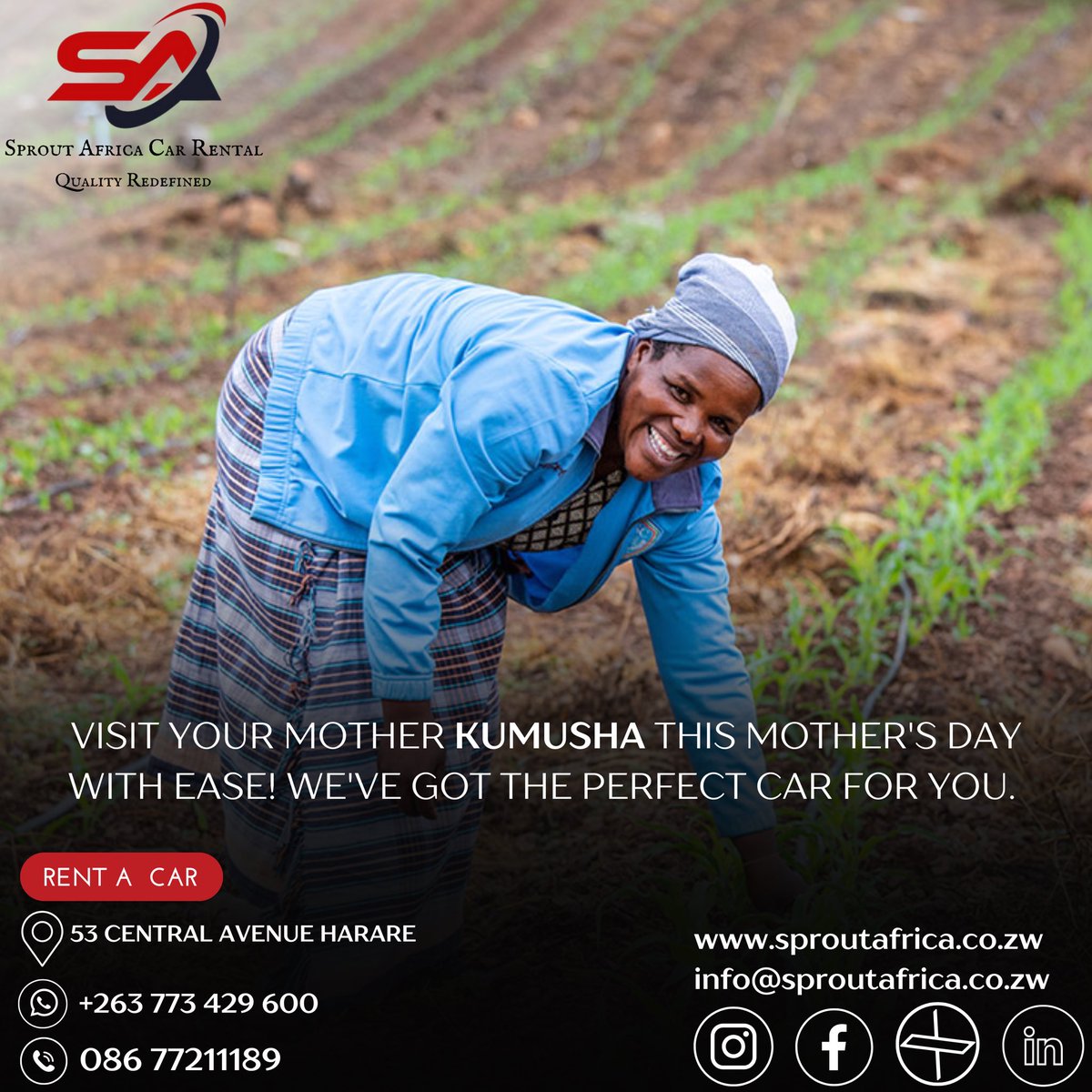 VISIT YOUR MOTHER KUMUSHA THIS MOTHER’S DAY WITH EASE! WE’VE GOT THE PERFECT CAR FOR YOU. #MothersDay
#CarRental #RentACar #CarHire #VehicleRental #TransportationSolutions #TreatMomToADrive #MomDeservesARide #DriveMomHappy #harare